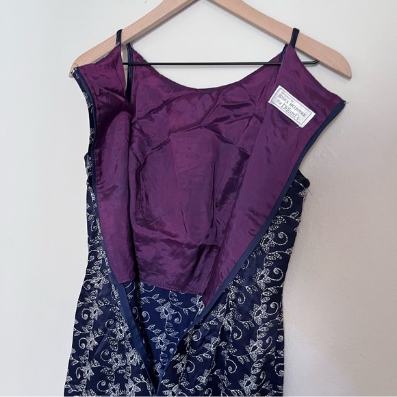 Vintage Jessica McClintock 90s Navy Purple Dress Sliver Floral Pattern Gown y2K - Picture 8 of 12